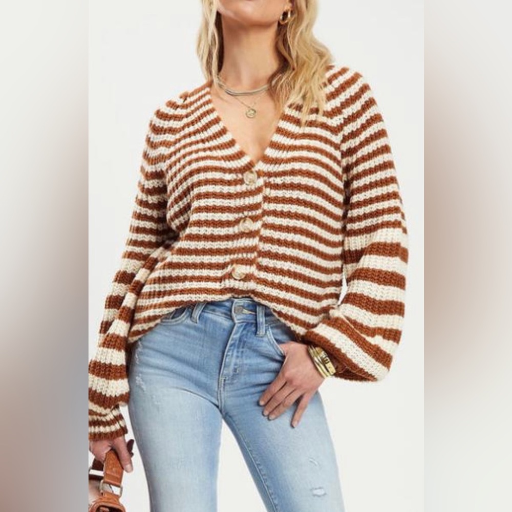 NWOT Fore Balloon Sleeve Striped Cardigan